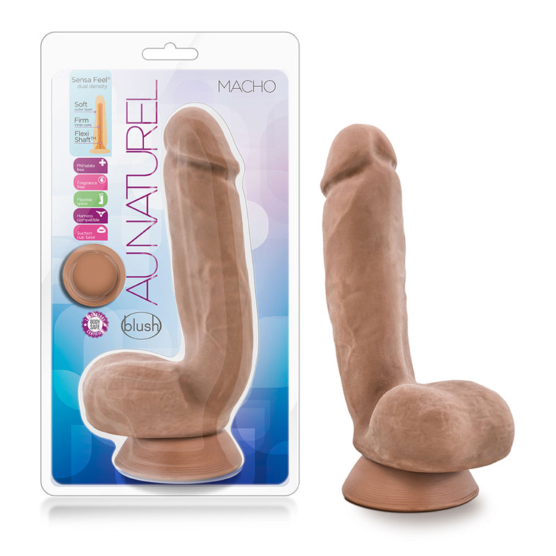 Blush Au Naturel Macho 8.5 in. Posable Dual Density Dildo with Balls & Suction Cup Tan