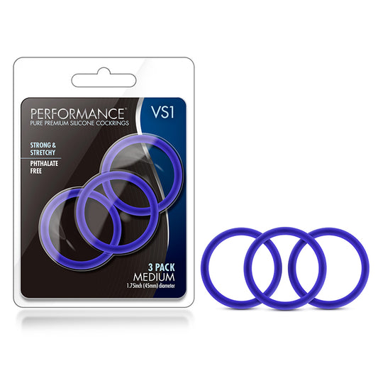 Blush Performance VS1 Pure Premium Silicone Cockrings 3-Pack Medium Indigo