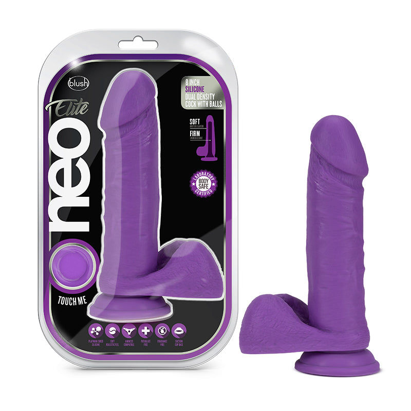 Blush Neo Elite 8 in. Silicone Dual Density Dildo With Balls & Suction Cup Neon Purple