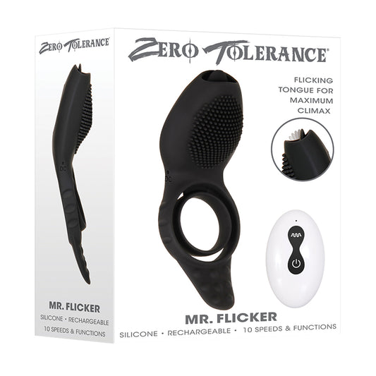 Zero Tolerance Mr. Flicker Rechargeable Remote-Controlled Flicking Tongue Vibrating Silicone Cockring Black