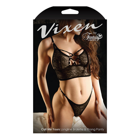 Vixen Call Me Yours Longline Bralette With Grommets & Thong Panty Black O/S