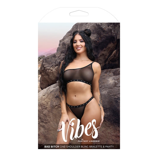 Fantasy Lingerie Vibes Bad Bitch One-Shoulder Bling Bralette & Bikini Panty with Rhinestone Lettering Black L/XL