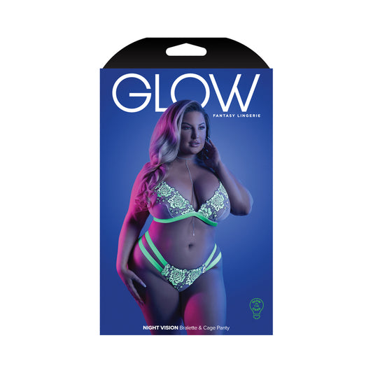 Fantasy Lingerie Glow Night Vision Glow-In-The-Dark Lace Bralette & Panty White Queen Size